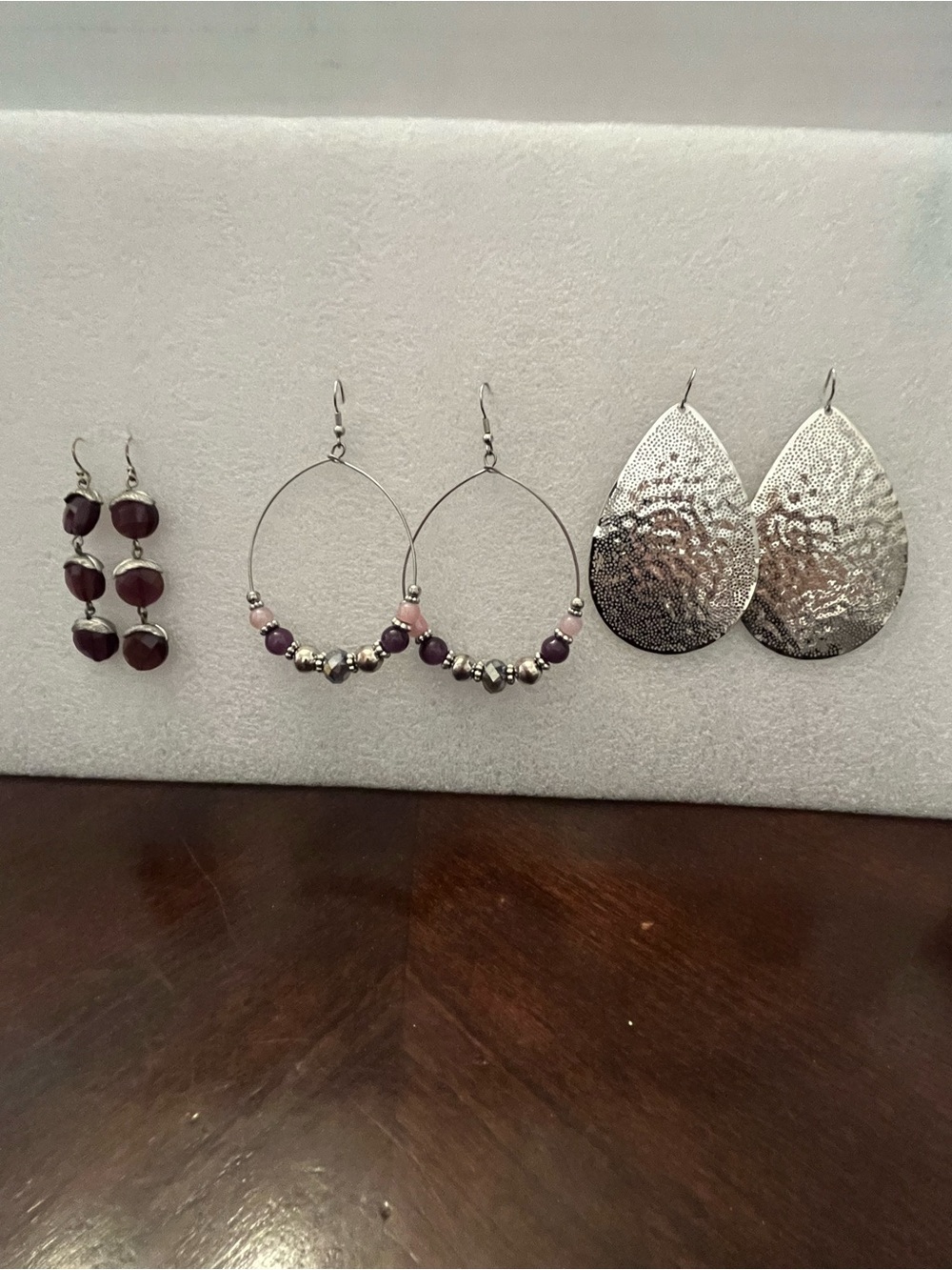 Lot Of Three Silver-Tone Teardrop and Beaded Hoop Earring Set - Pink & Purple.
